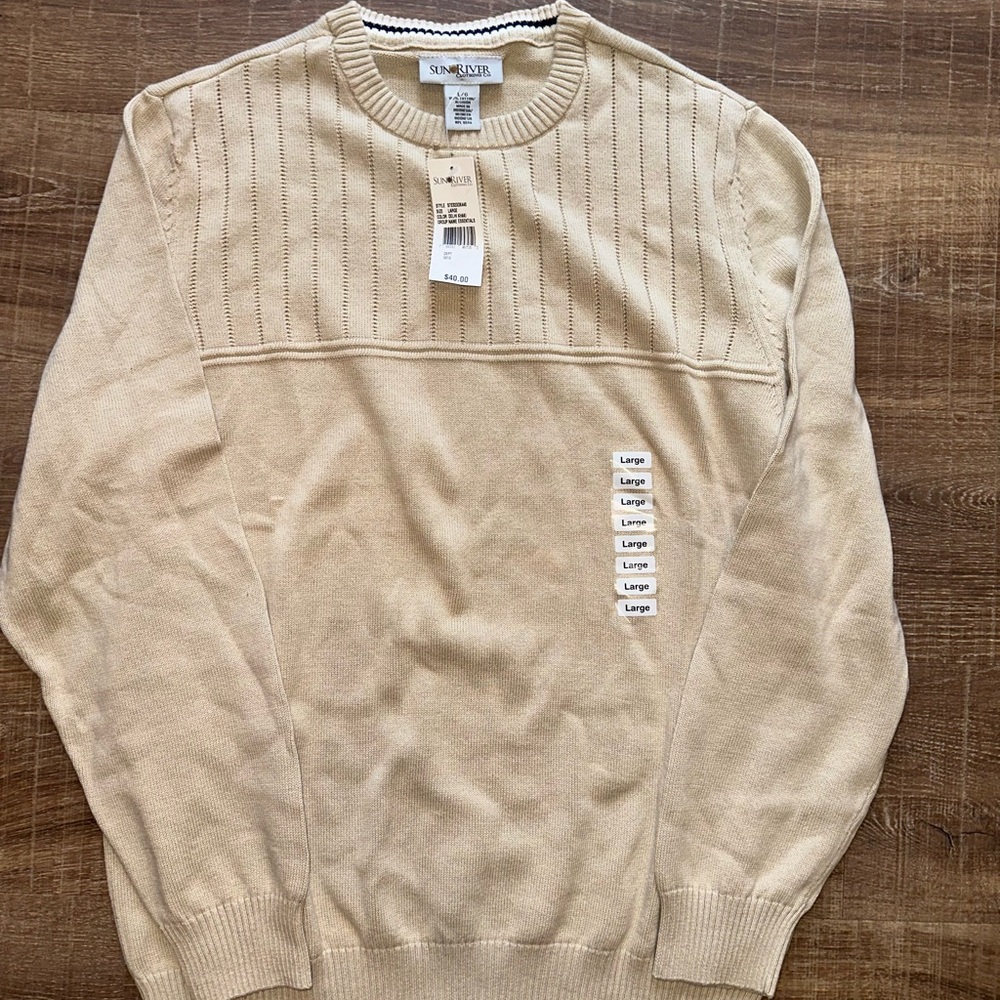 Sun River Pullover Sweater Mens L Beige Brown Chest Stripes Cotton